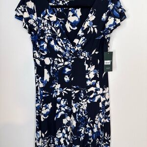 Lauren Ralph Lauren Navy Blue & White Floral Flutter Sleeve A-Line Dress 14P NWT